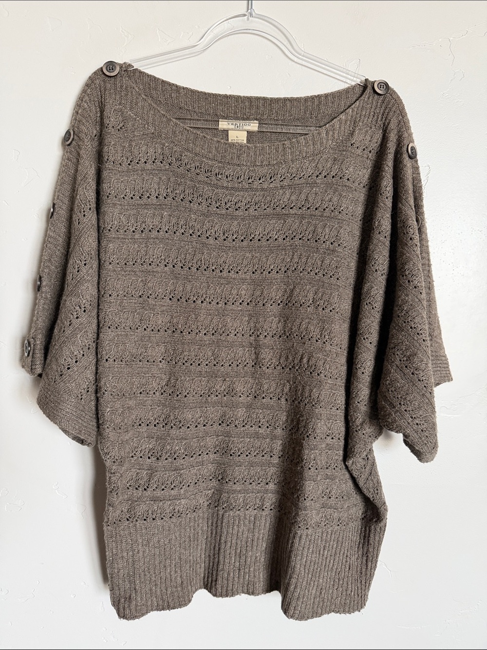 Vertigo Paris Taupe Off-Shoulder Button Knit Sweater Cotton Angora Wool Blend